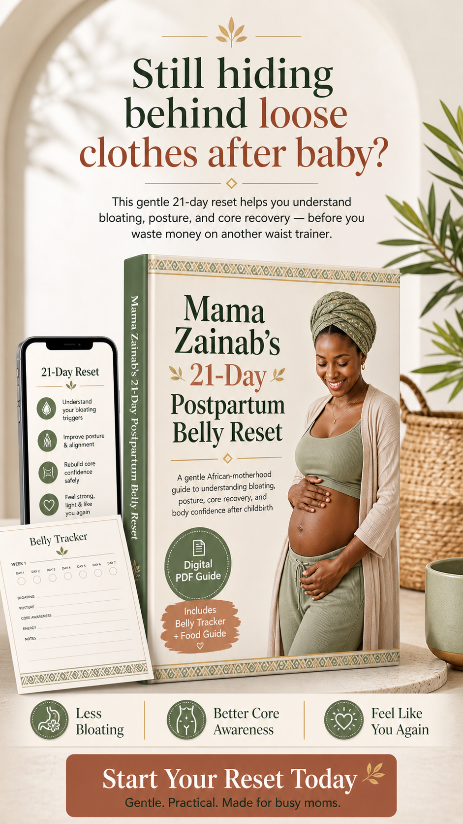 Postpartum Belly Reset product mockup with bonuses